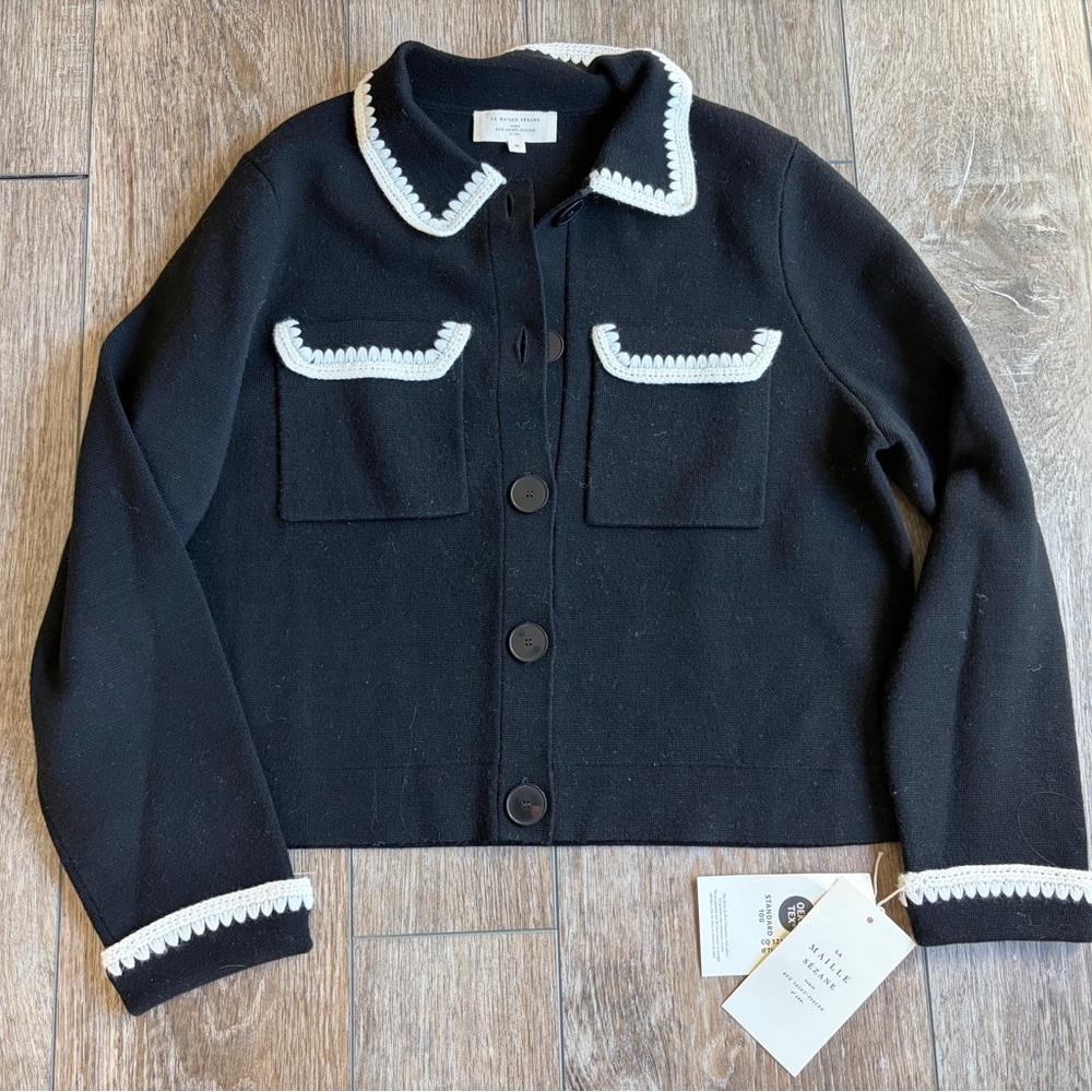 Sezane Betty Cardigan Size Medium Black with Crochet - Picture 2 of 3